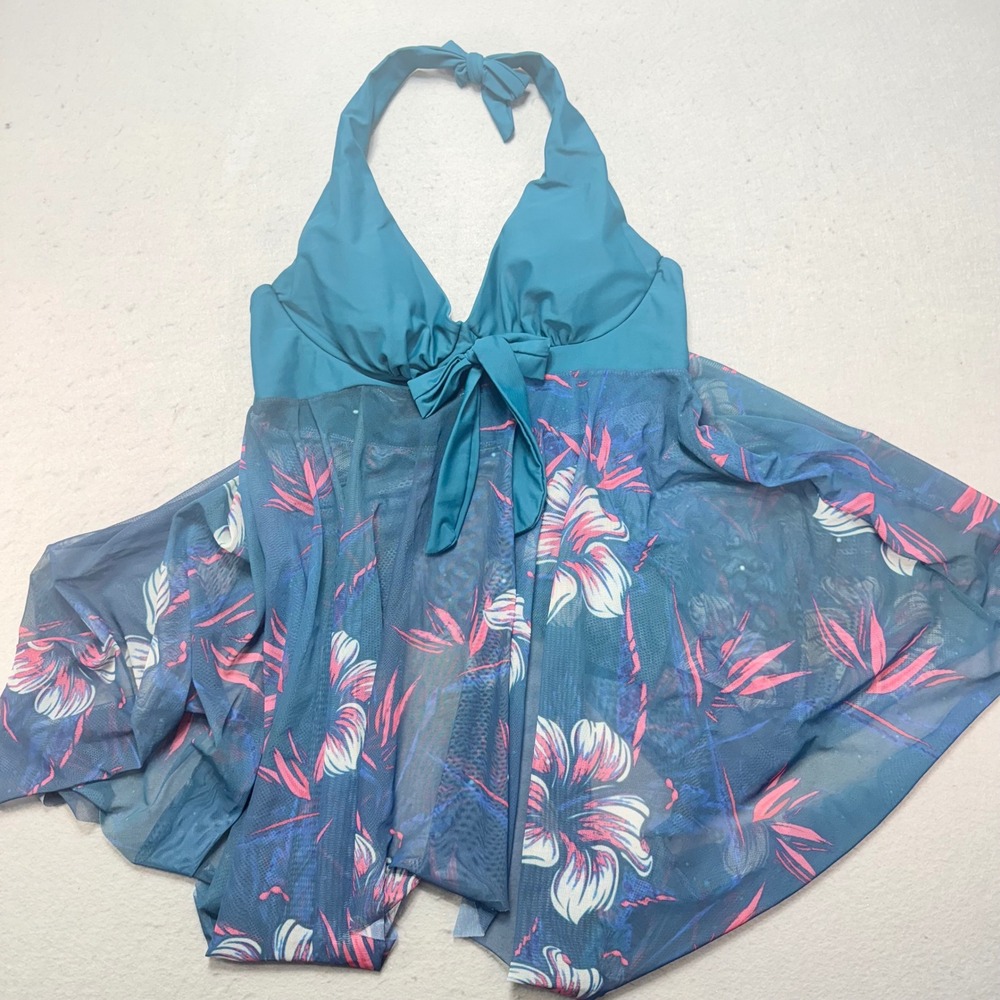 Women's XL Teal‑Blue Floral Halter‎ Neck Swim Dress One‑Piece, Summer, Swimwear